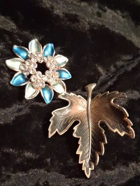 Vintage Blue and Silver Floral Rhinestone Brooch Set